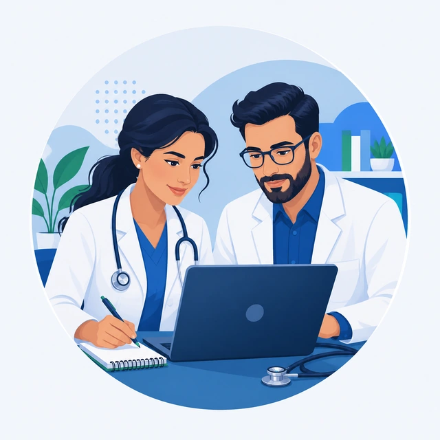Dupla de médicos estudando junta em um notebook