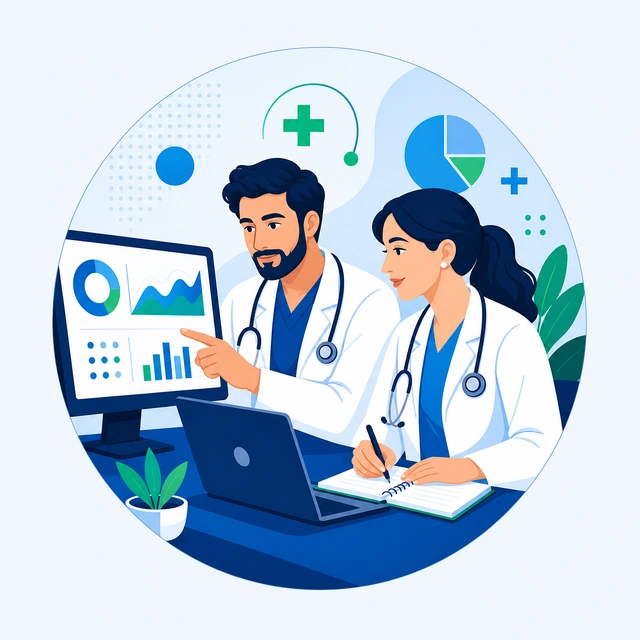 Dupla de médicos analisando o desempenho no computador