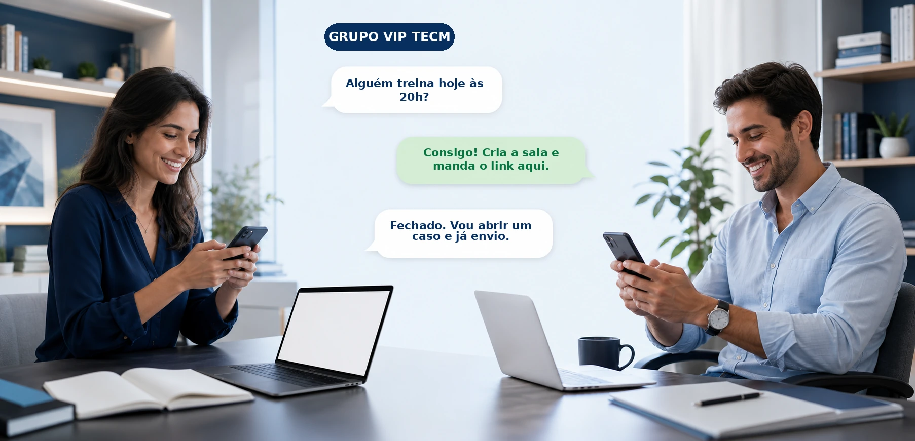 Dois médicos combinando pelo grupo VIP um horário para treinar juntos na plataforma
