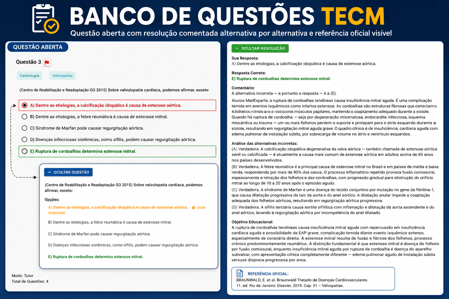 Tela real ampliada do Banco de Questões TECM com enunciado, alternativas, resolução comentada e referência oficial